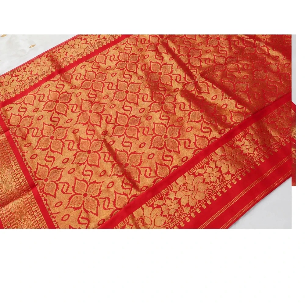 Ivory White and Red Contrast traditional silk saree with zari border for festive and wedding occasions