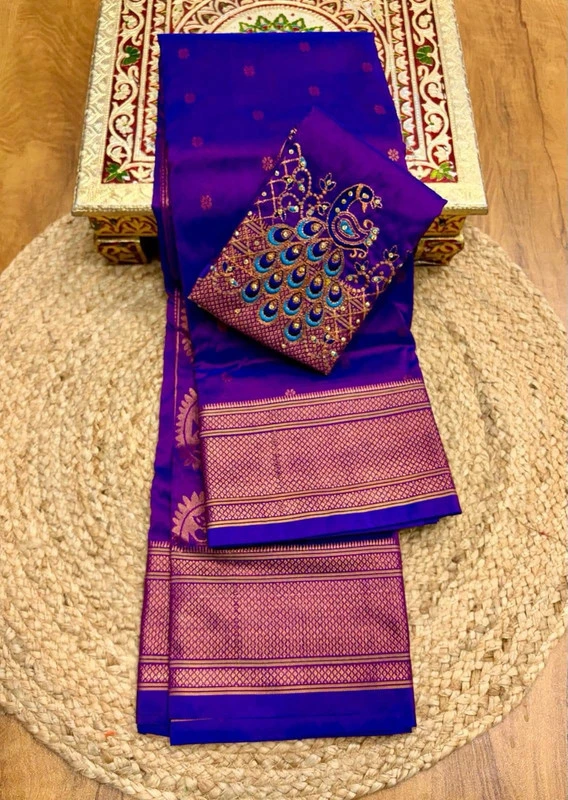 Royal Self Magenta Semi Silk Paithani Saree with Peacock Embroidery Designer Blouse