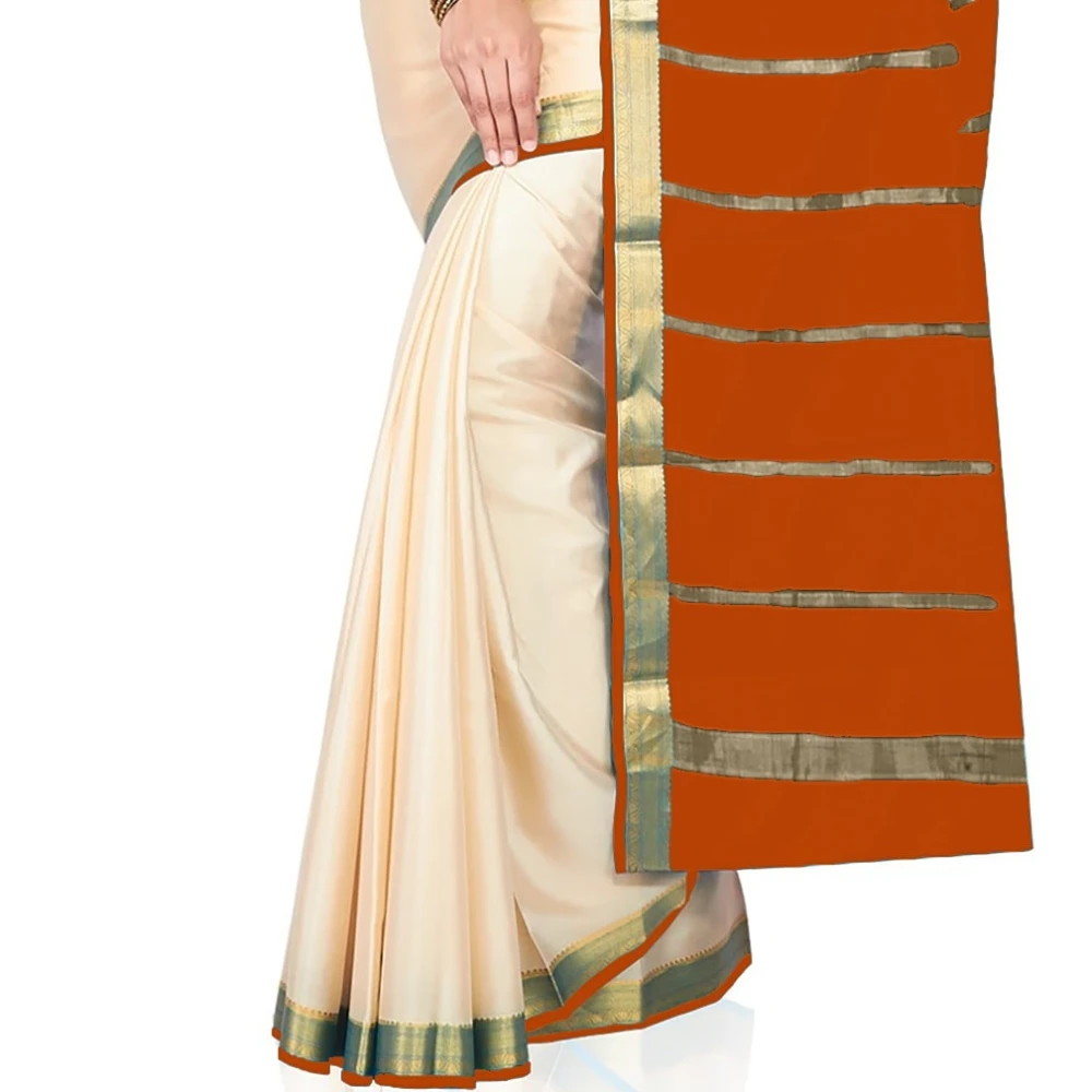 Tussar Cream with Orange Contrast Onam Special Pure Mysore Silk Handwoven saree