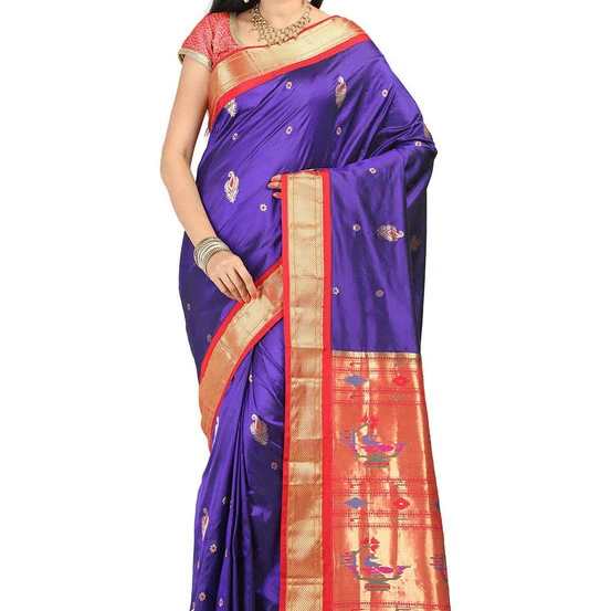 Paithani Pure Silk in Indigo Blue with Red Contrast Border Meena Butta Saree with Silk Mark