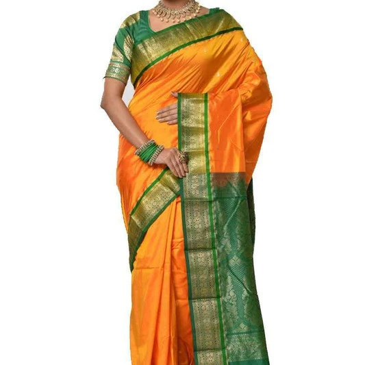 Orange with Green Contrast Traditional Kanchipuram Pure Silk Saree