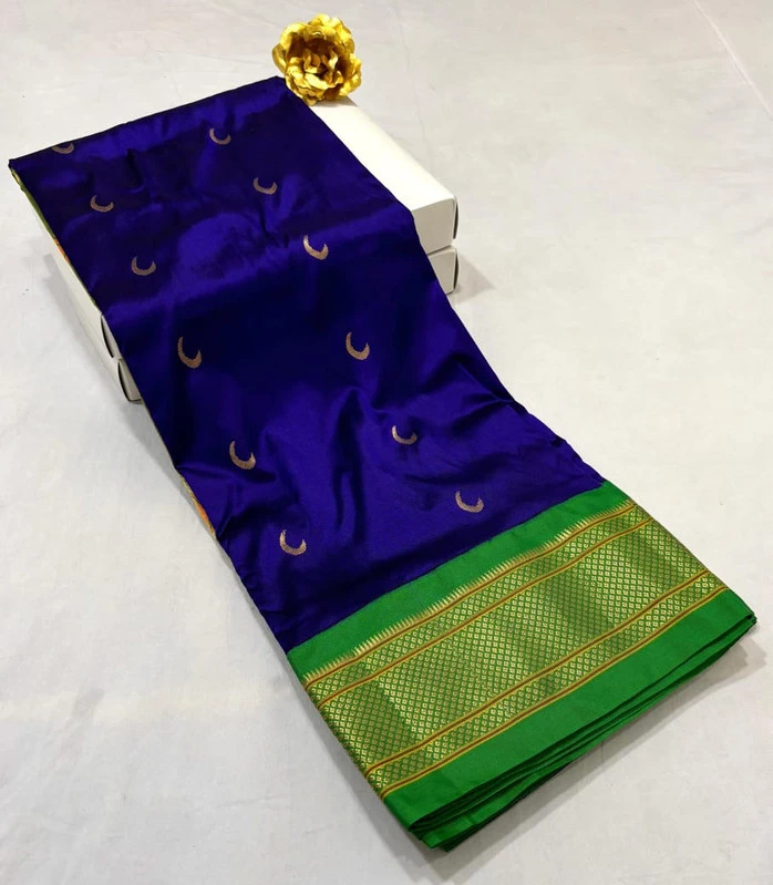 Royal Blue with Green Border Variant Paithani Pure Silk Saree with Meena Butta weaving and traditional zari border