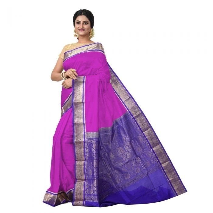 Magenta and Violet Contrast Traditional Kanchipuram Pure Silk Saree 