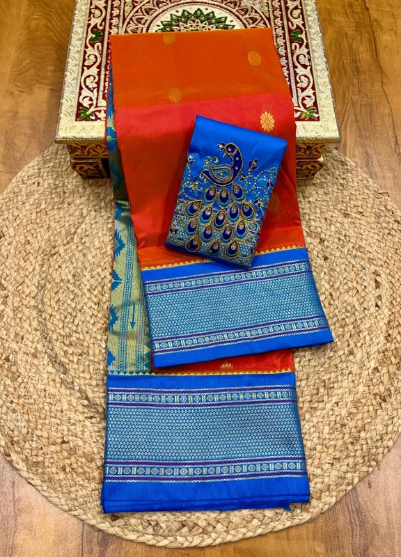 Heritage Mustard Orange and Ananda Blue Semi Silk Paithani Saree with Peacock Embroidery Designer Blouse