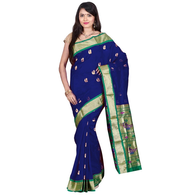 Handwoven Paithani Pure Silk  Royal Blue and Green Border Saree with Silk Mark