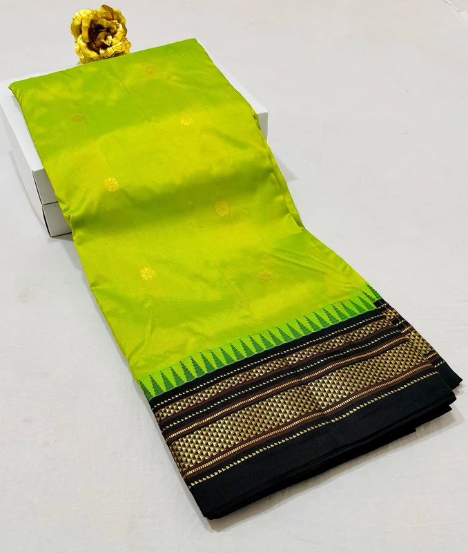 Lime Green pure Ilkaal Butta saree with Black zari contrast border and traditional gold motifs