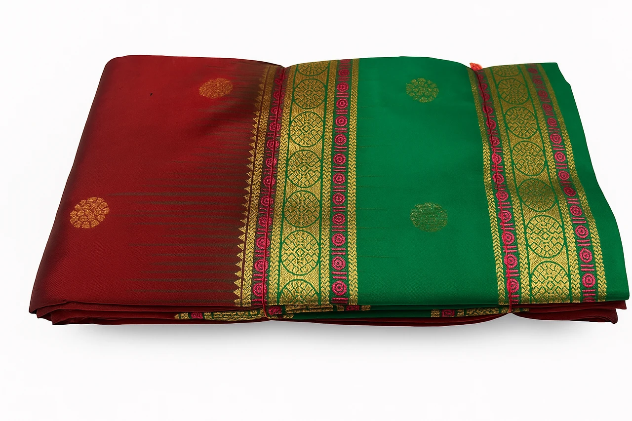 Maroon With Green and Multicolor Contrast Exclusive Kanchipuram Pure Silk Saree with Bentex Border & Diamond Butta