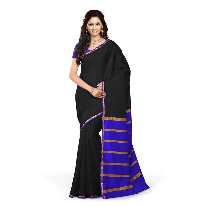 Pure Mysore Silk Saree in  Black and Ink Blue Contrast Mango Border
