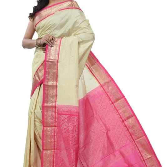 Tussar Cream and Rani Pink Contrast Traditional Kanchipuram Pure Silk Saree