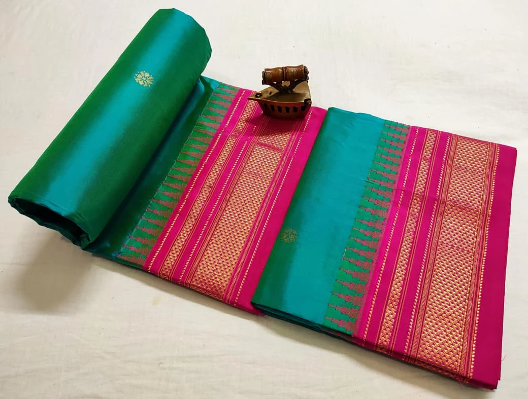 Green Pink Ilkaal Butta pure silk saree with zari border and traditional weaving