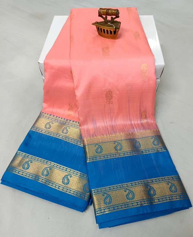 Peach and Blue Kanchipuram silk saree with Bentex border and golden motifs