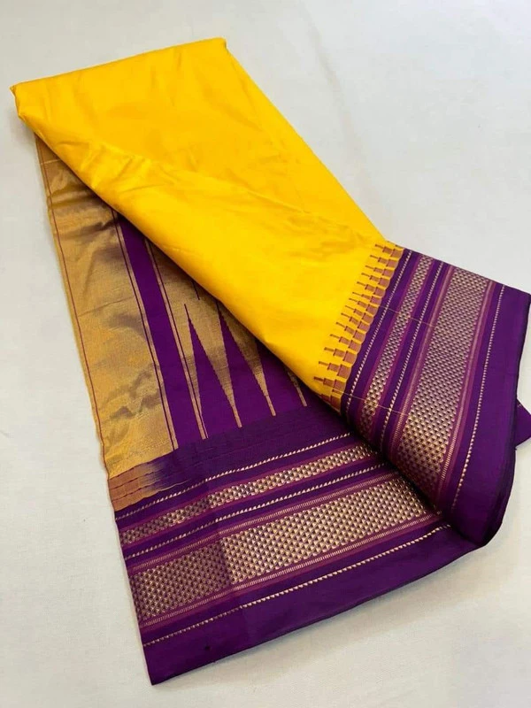 Golden Yellow and Magenta Border - Traditional Handwoven Ilkaal Saree