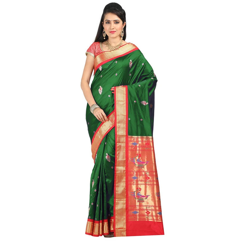 Paithani Pure Silk Bottle Green and Red Border Meena Butta Saree with Silk Mark