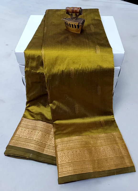 Golden traditional silk saree with zari border for wedding and festive wear