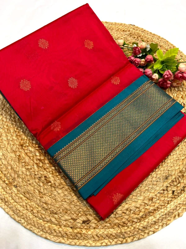 Scarlet Red Pure Silk Paithani Saree with Gold Flower Buti & Teal Zari Contrast Border