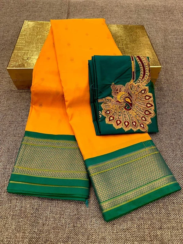 Yellow & Green Semi Silk Paithani Saree with Peacock Embroidery Blouse