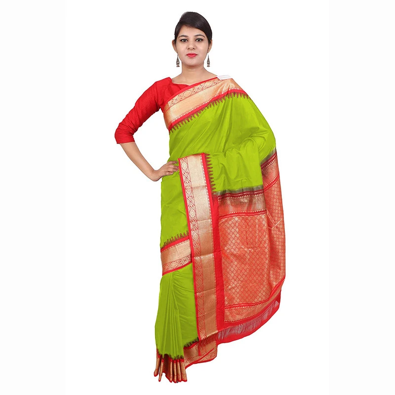 Olive Green with Red Pallu Handwoven Pure Bangalore Silk Kadiyal Saree with Silk Mark