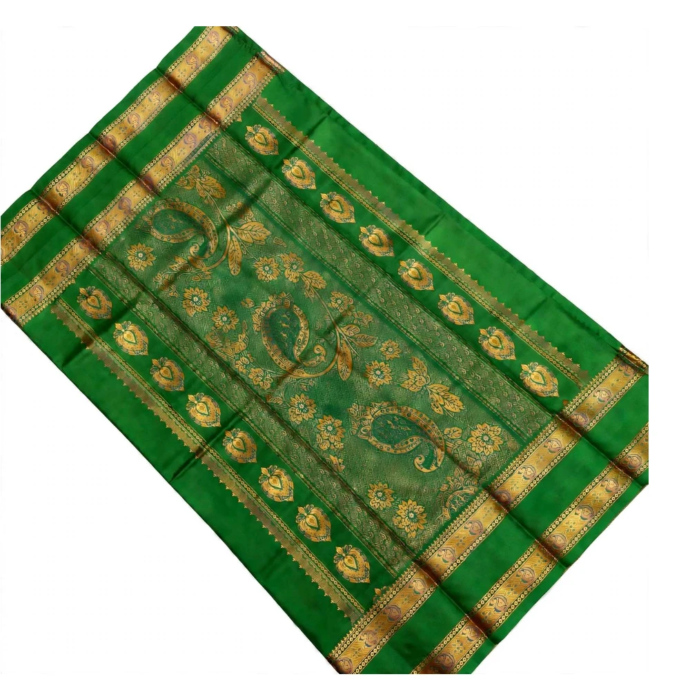 Orange and Green Kanchipuram silk saree with Bentex border and golden motifs