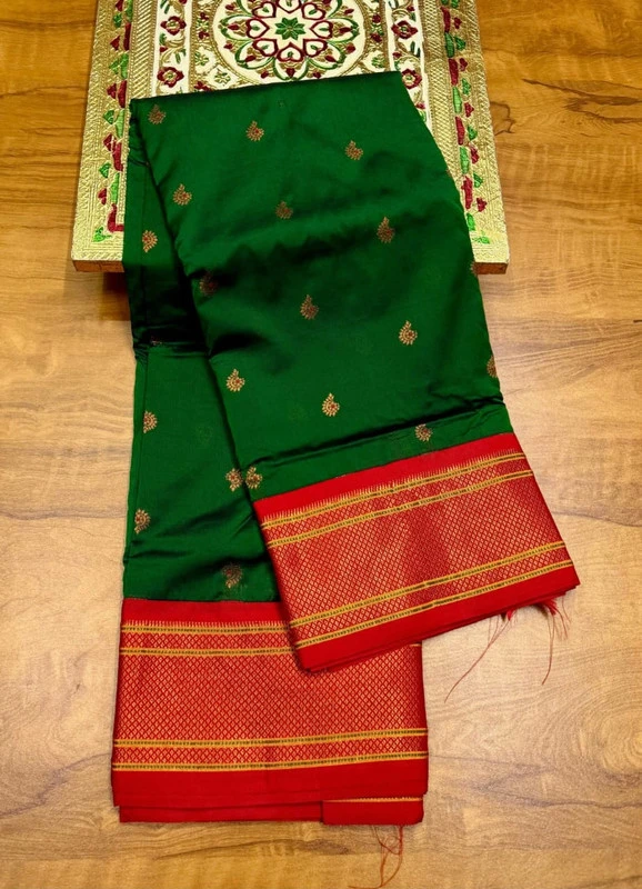 Bottle Green Semi Silk Paithani Saree with Peacock Embroidery Blouse