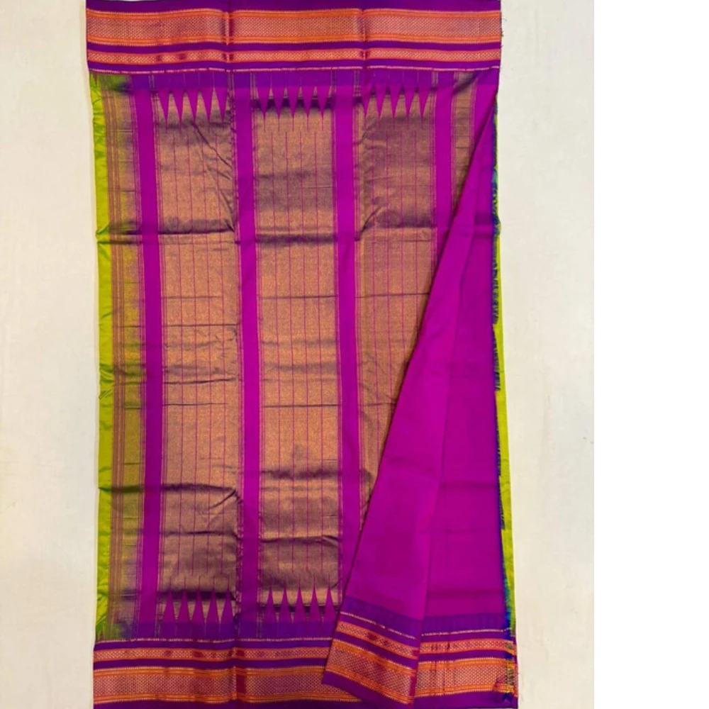 Aqua Purple Ilkaal Butta pure silk saree with zari border and traditional weaving