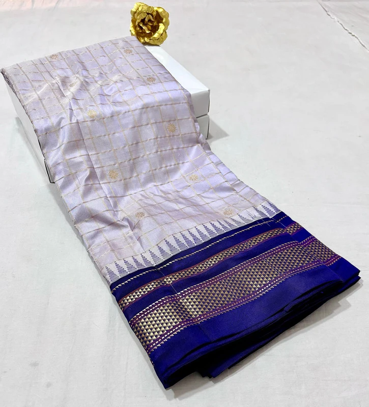 Pure Ilkaal Checks saree in Bleach White with zari border and traditional woven patterns