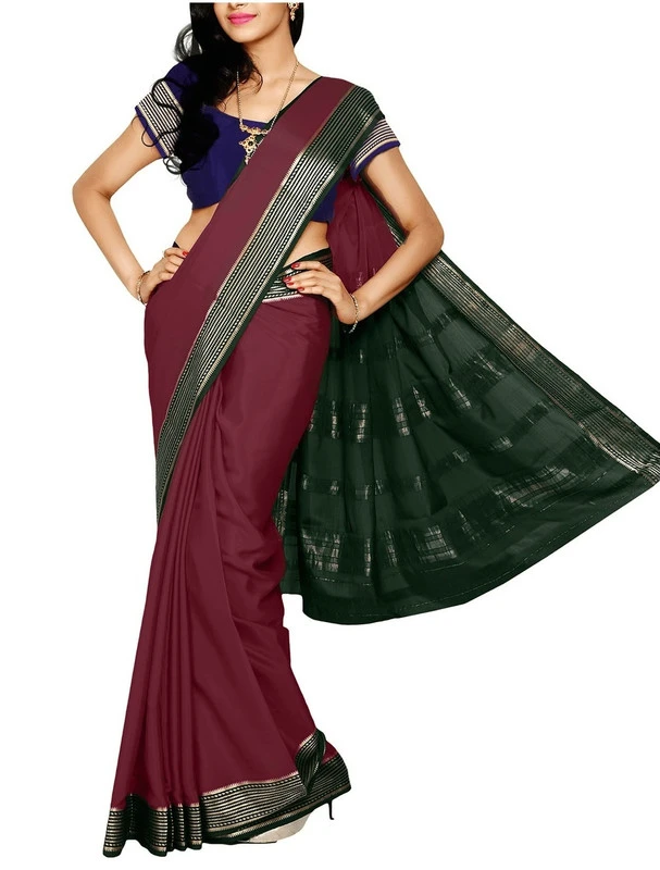 Chocolate Maroon with Bottle Green Contrast MultiLine Border Premium Quality Pure Mysore Silk Saree