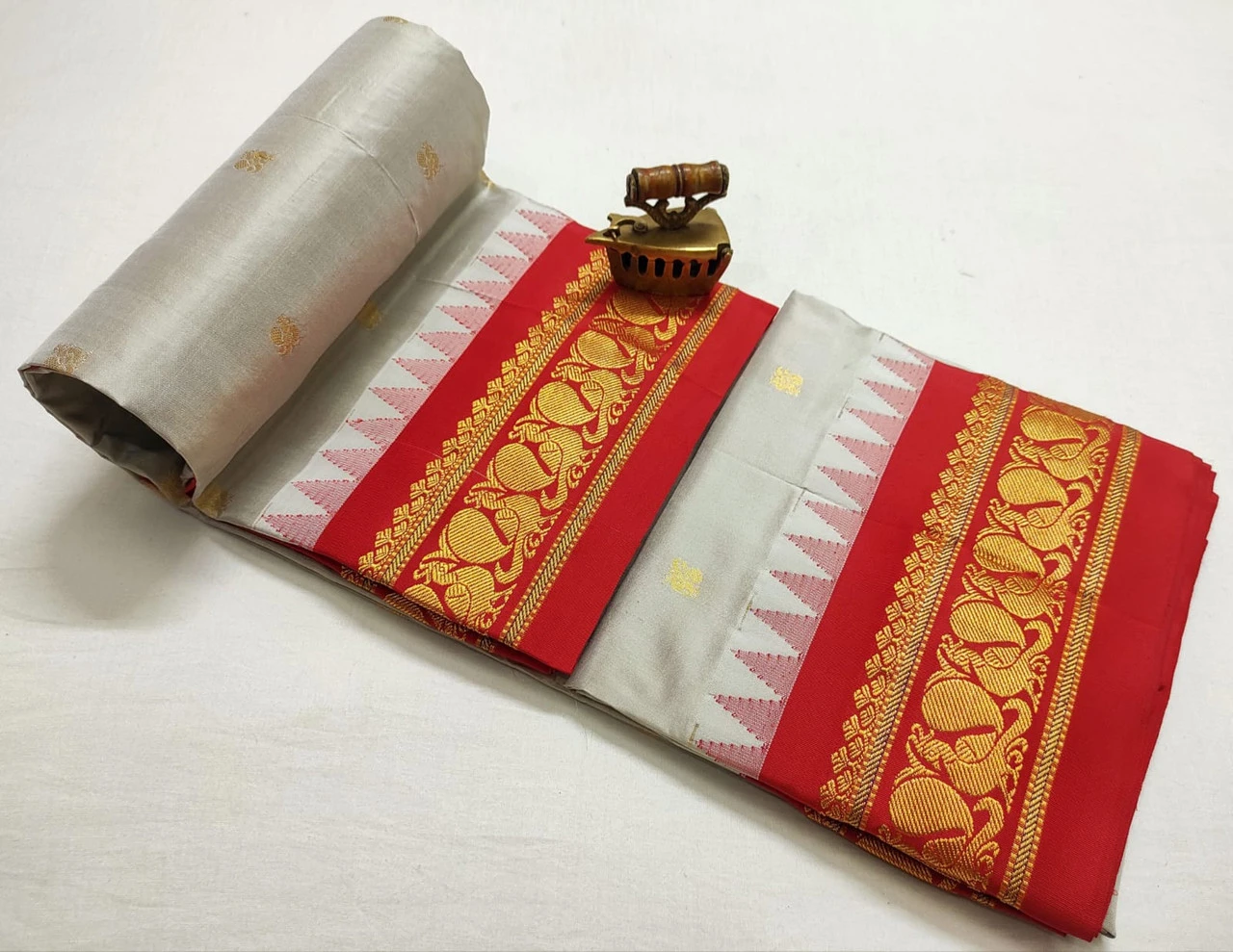Offwhite with Red Contrast traditional silk saree with zari border for festive and wedding occasions