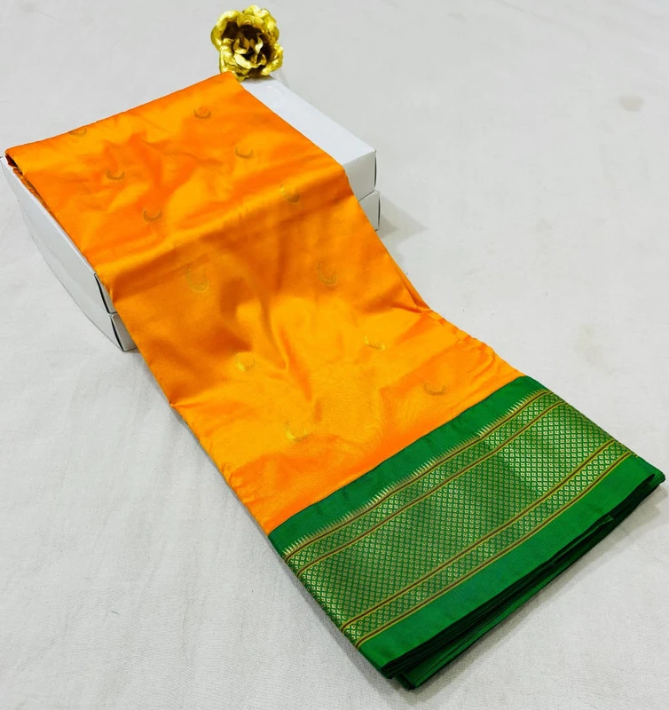 Mustard Yellow with Green Border Paithani Pure Silk Saree with Meena Butta weaving and traditional zari border
