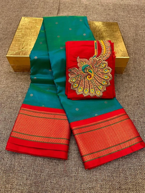 Teal & Red Semi Silk Paithani Saree with Peacock Embroidery Blouse