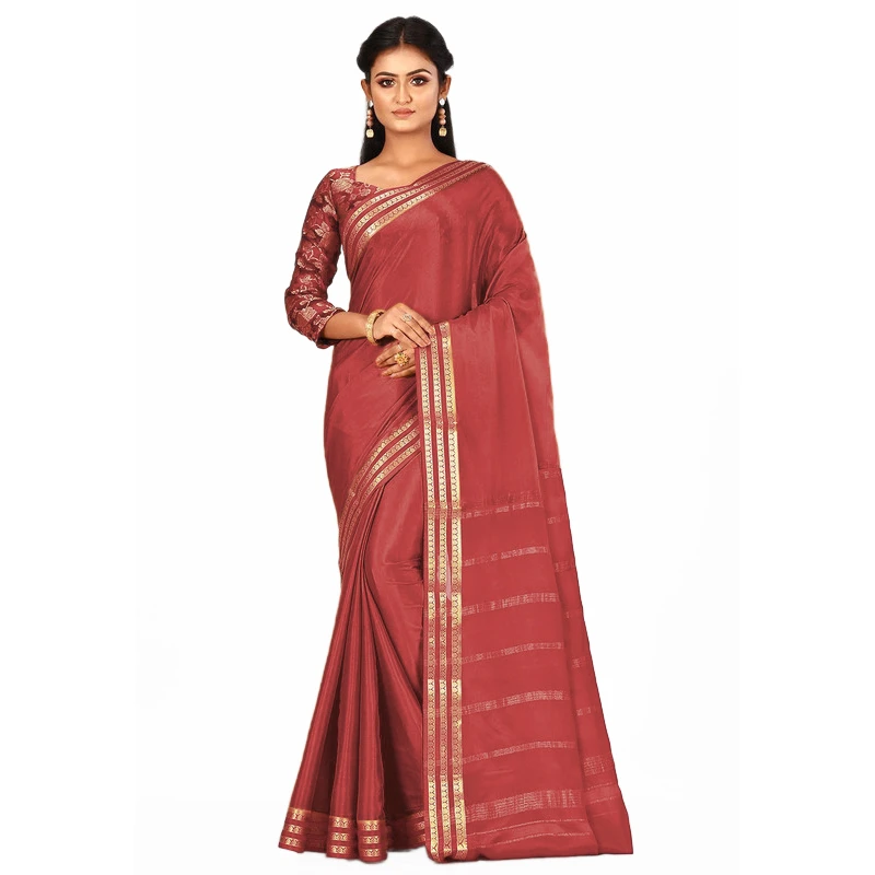Red Self Coloured Three Lines Border Pure Mysore Silk Saree with silk Mark