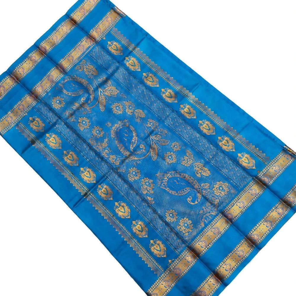 Maroon and Blue Kanchipuram silk saree with Bentex border and golden motifs