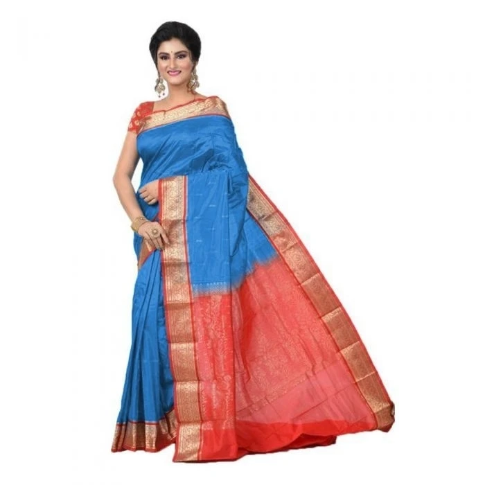 Ananda Blue and Red Contrast Traditional Kanchipuram Pure Silk Saree