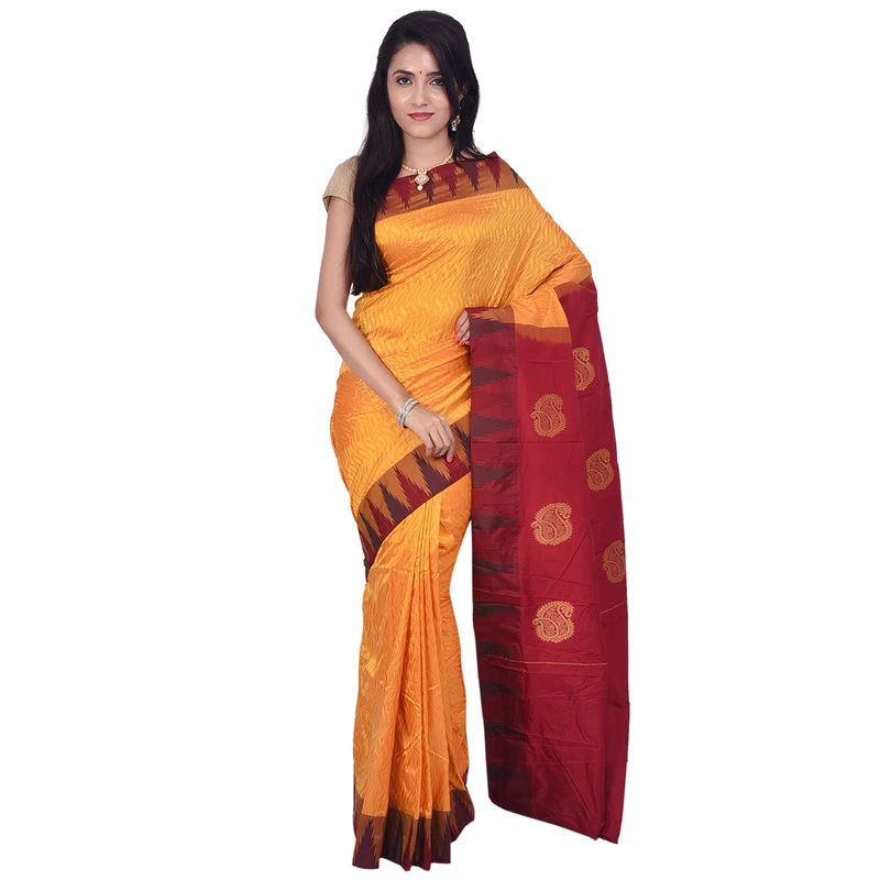 Golden Yellow with Temple Border Kadiyal Variety Handowen Pure Bangalore Silk Emboze Saree