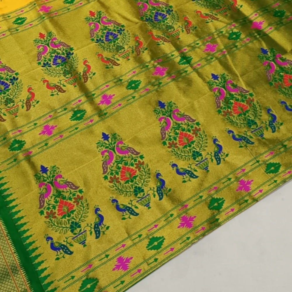 Orange with Green Border Paithani Pure Silk Saree with Meena Butta weaving and traditional zari border