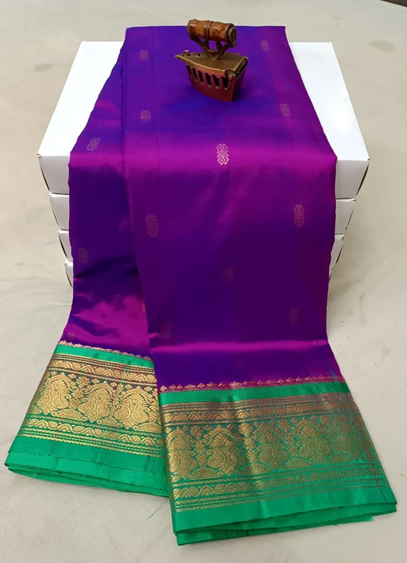 Magenta with Green Contrast traditional silk saree with zari border for wedding and festive wear