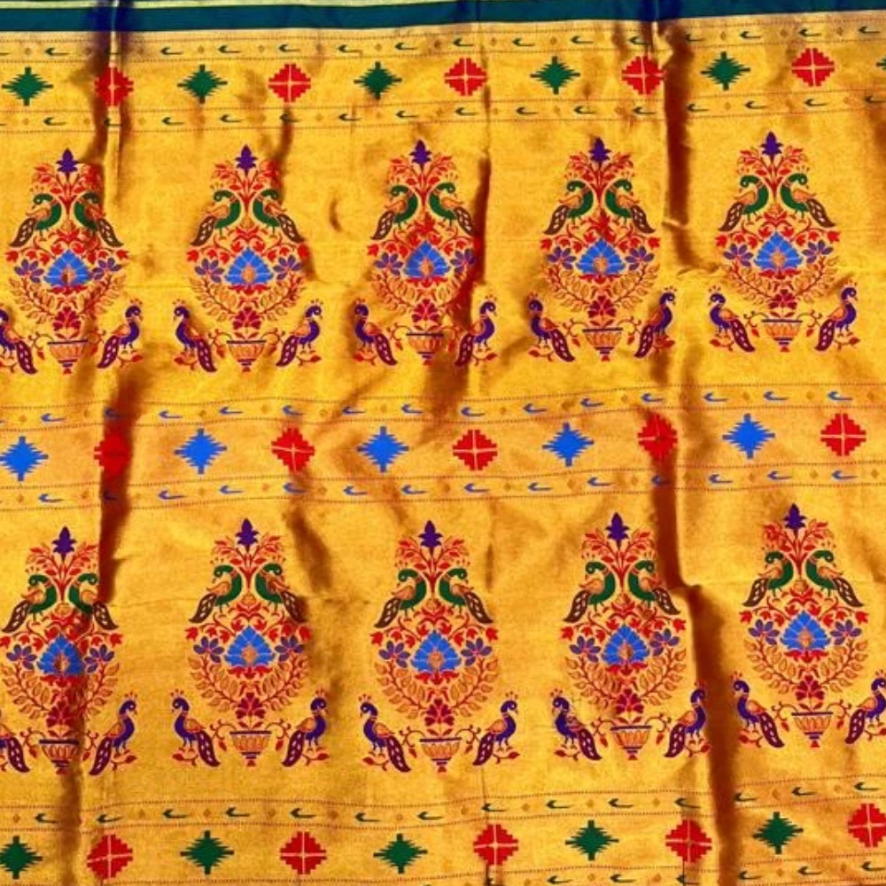 Parrot Green and Green Border Semi Silk Paithani Saree with Peacock Embroidery Designer Blouse