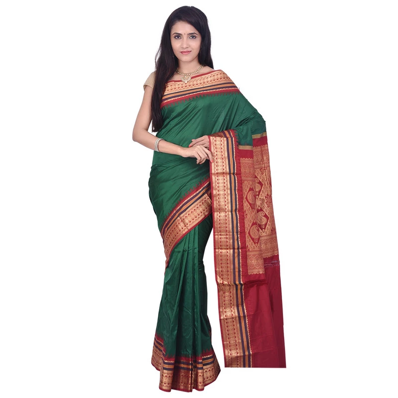 Bottle Green with MultiColour Border Kadiyal Variety Pure Bangalore Silk Superior Quality Saree
