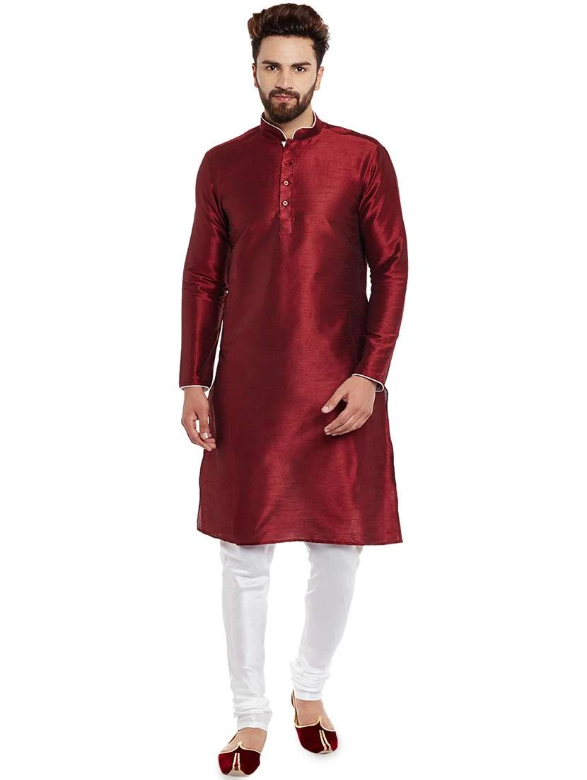 Marron Dupion Silk Mens Kurtha with White Pajama