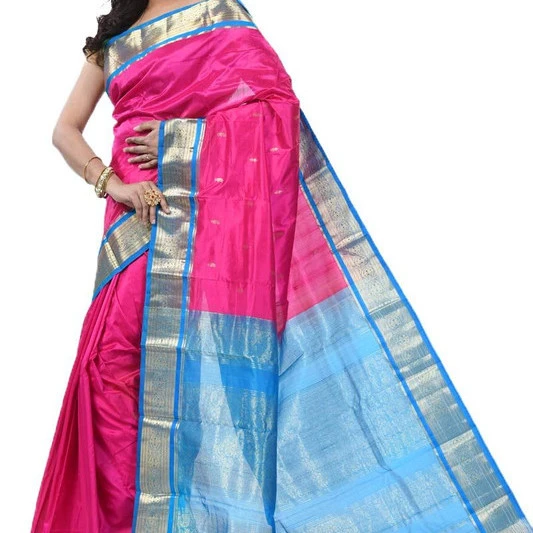 Pink and Ananda Blue Contrast Traditional Kanchipuram Pure Silk Saree