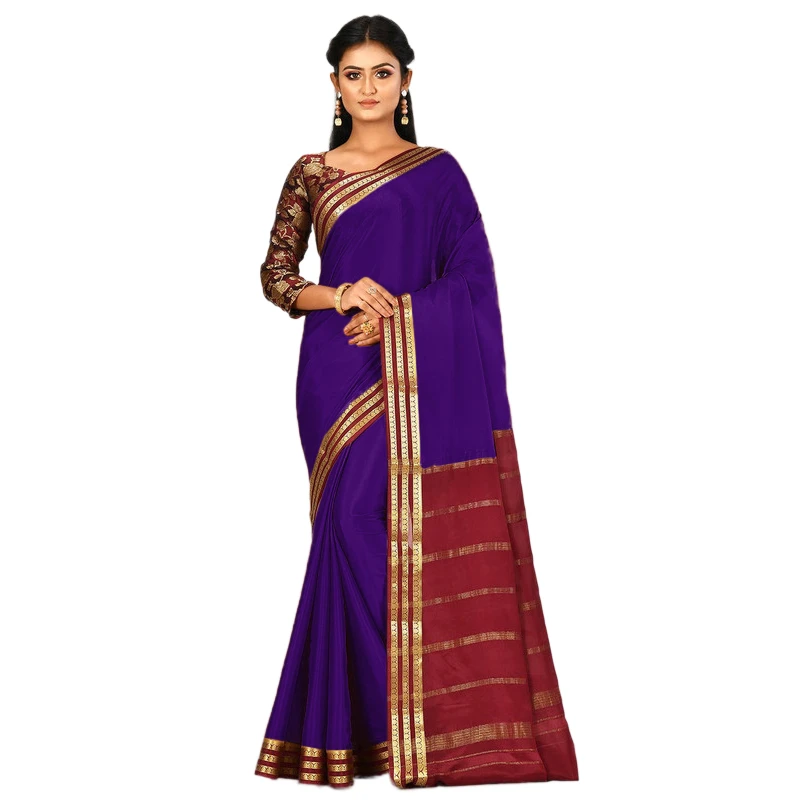 Purple and Marron Contrast  Three Lines Border Pure Mysore Silk Saree with silk Mark