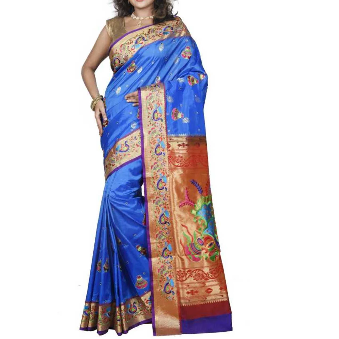 Anandha Blue and Voilet Allover Embroidery Fancy Paithani Art Silk Saree