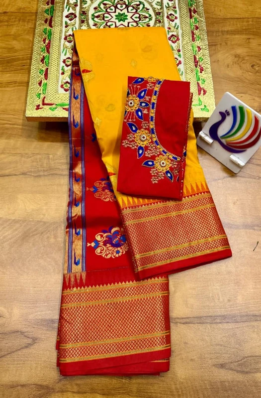 Mustard Yellow & Red Semi Silk Paithani saree with peacock embroidery blouse and traditional border