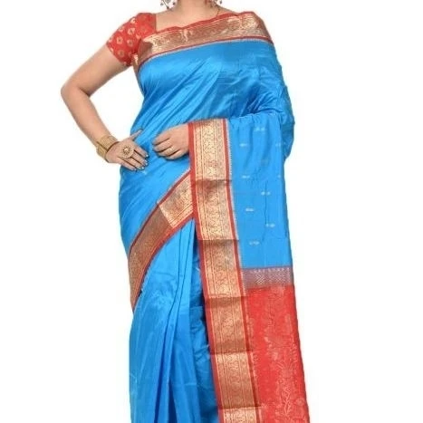 Tussar Cream and Blue Contrast Traditional Kanchipuram Pure Silk Saree