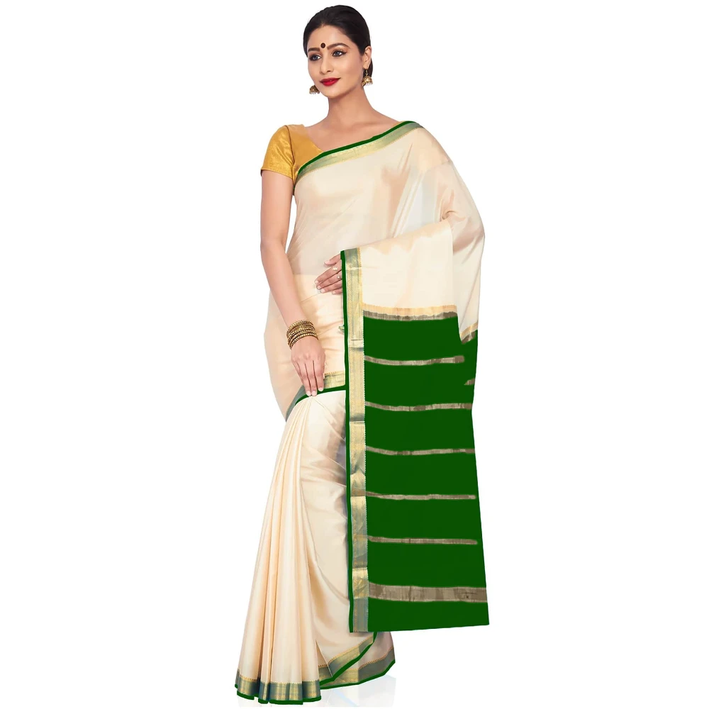 Tussar Cream with Green Contrast Onam Special Pure Mysore Silk Handwoven saree