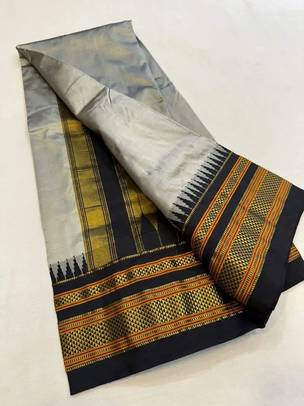 Grey and Black Border - Traditional Handwoven Ilkaal Saree