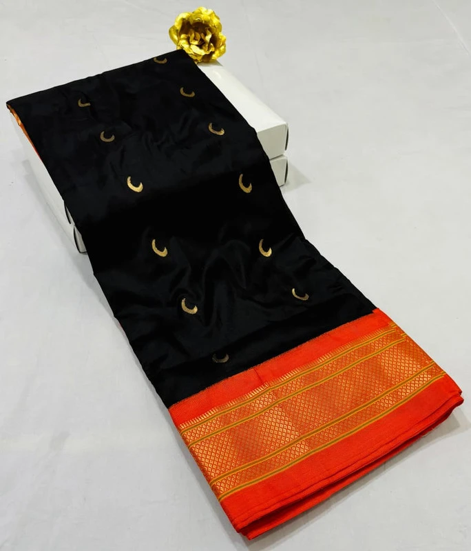 Black with Orange Border Paithani Pure Silk Saree with Meena Butta weaving and traditional zari border