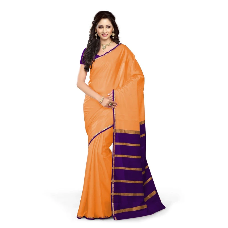 Pure Mysore Silk Saree in Peach Orange and Voilet Contrast Mango Border