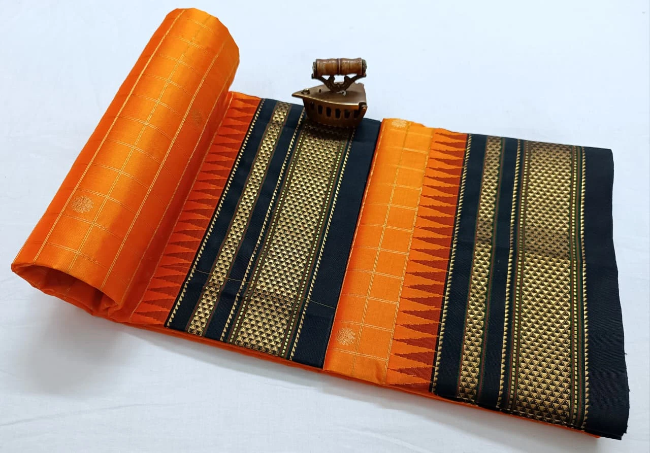Pure Ilkaal Checks saree in Mustard & Black with zari border and traditional woven patterns