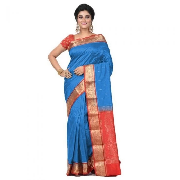 Ananda Blue and Red Contrast Traditional Kanchipuram Pure Silk Saree