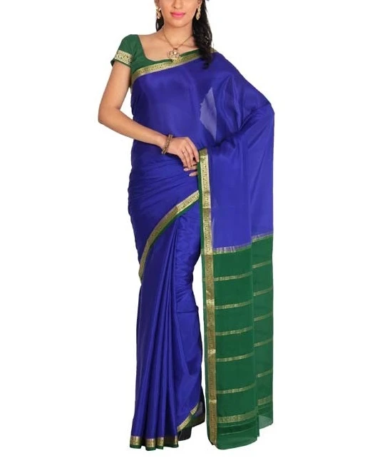 Royal Blue with Green Contrast  Pure Mysore Silk Handwoven saree